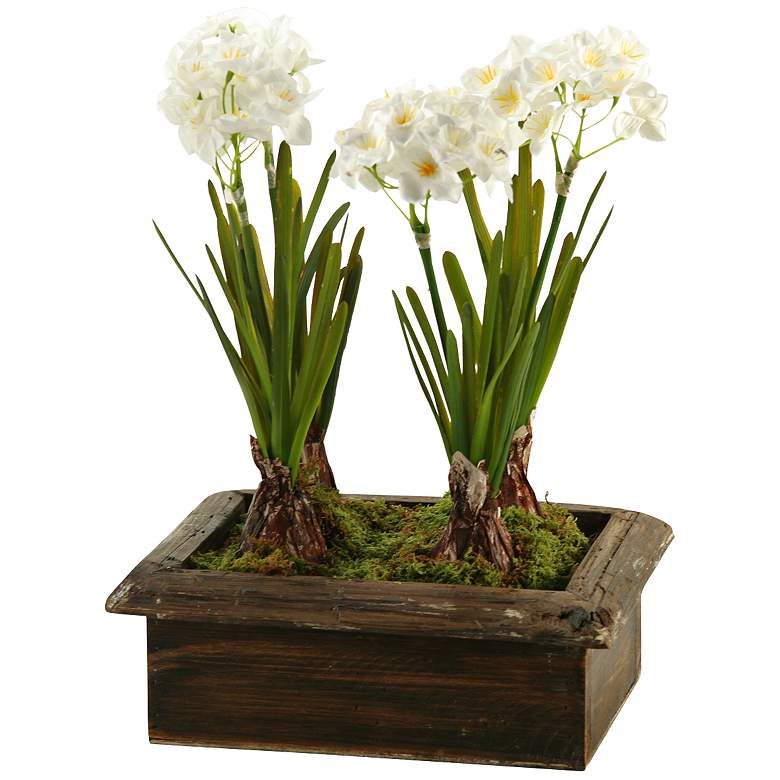 Image 1 Paperwhites 15 1/2 inchH Faux Flowers in Wooden Planter