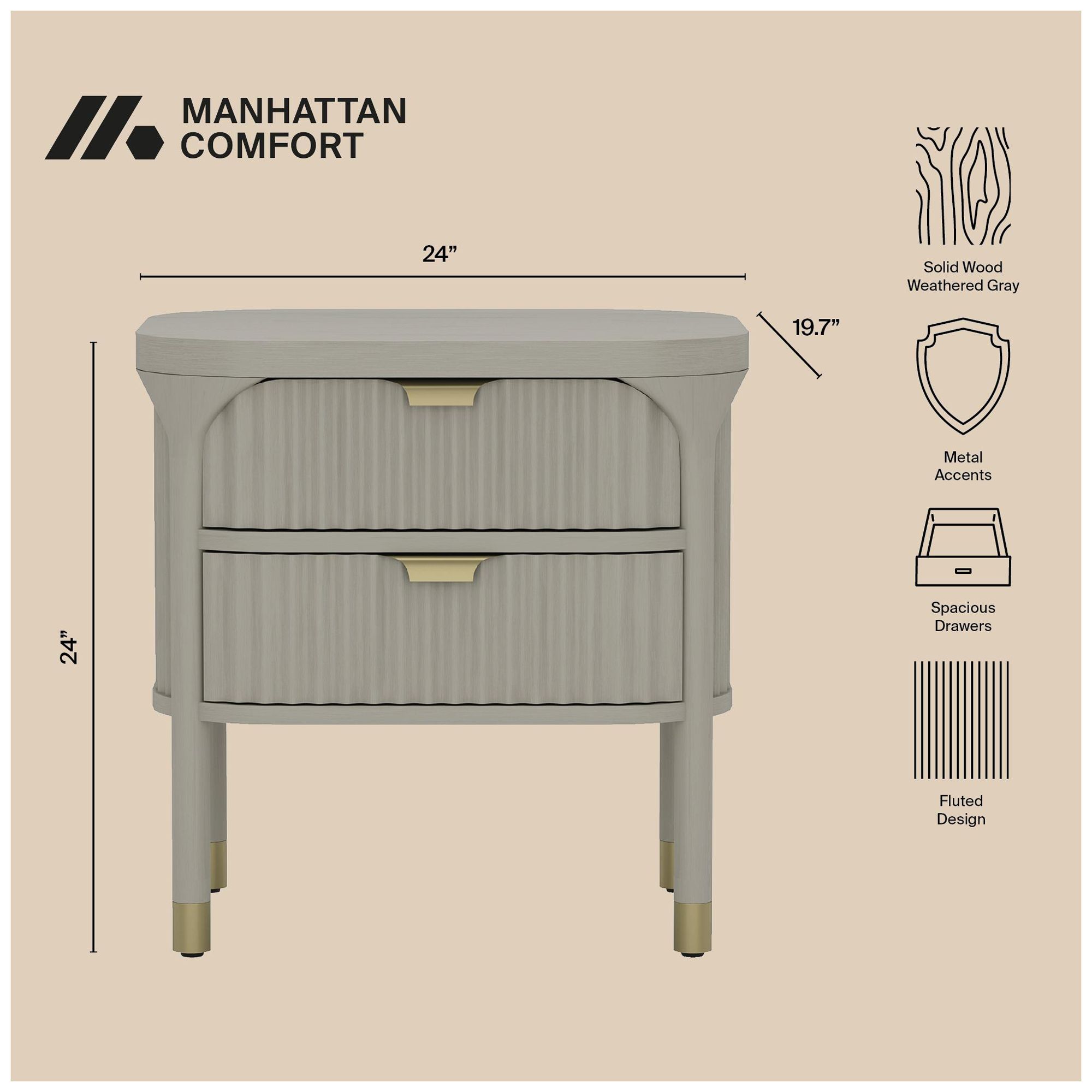 Image 5 Park Contemporary 24" Nightstand in Gray (2-Drawer) more views