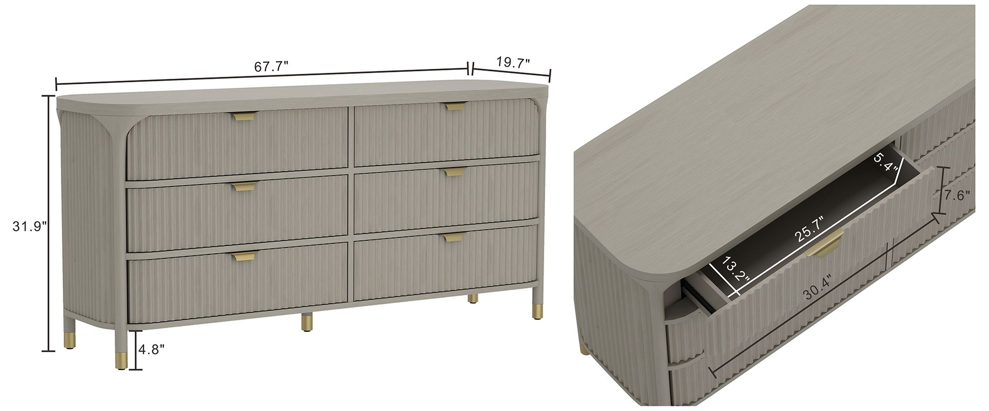 Image 4 Park Contemporary 68" Dresser in Gray (6-Drawer) more views