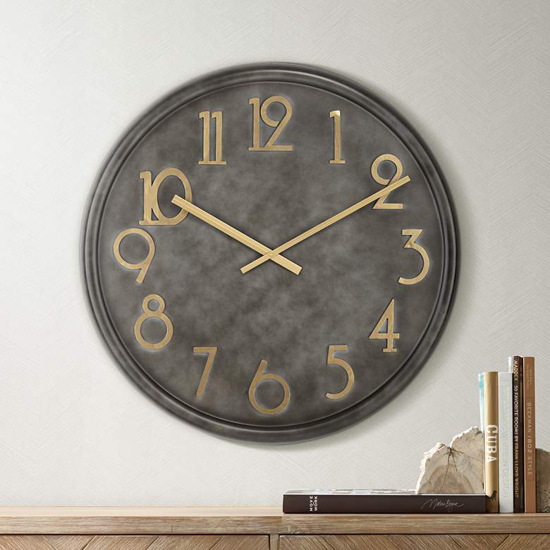 Image 1 Parker 35 3/4" Wide Black Metal Wall Clock with Gold Numbers