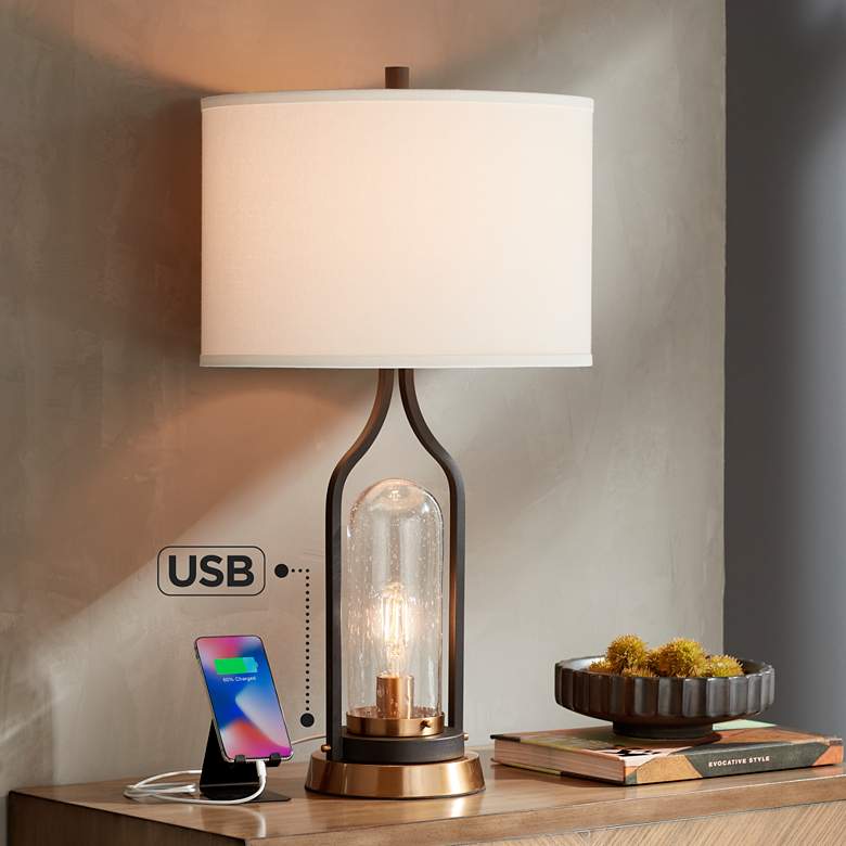 Parker Bronze Farmhouse USB Table Lamp with LED Night Light