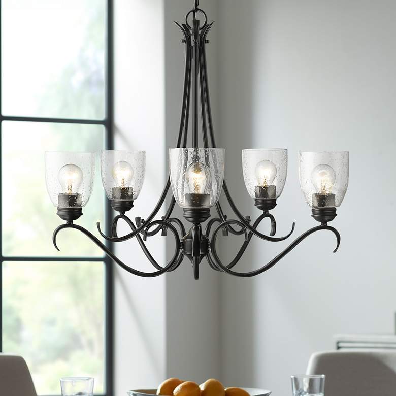 Image 1 Parrish 27 1/4"W Matte Black Seeded Glass 5-Light Chandelier
