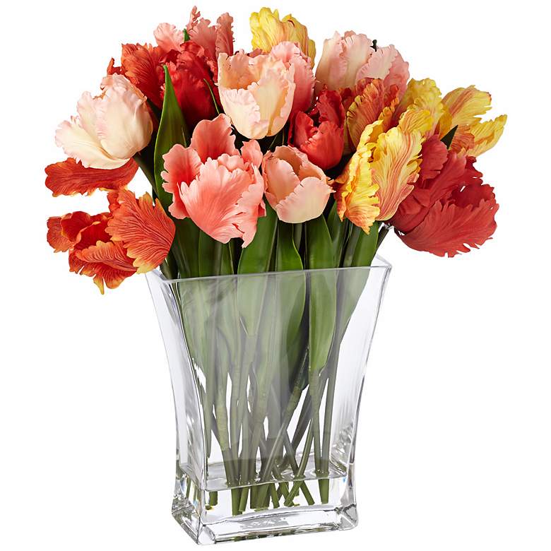 Image 1 Parrot Tulip 15 inch High Flowers in Clear Glass Vase