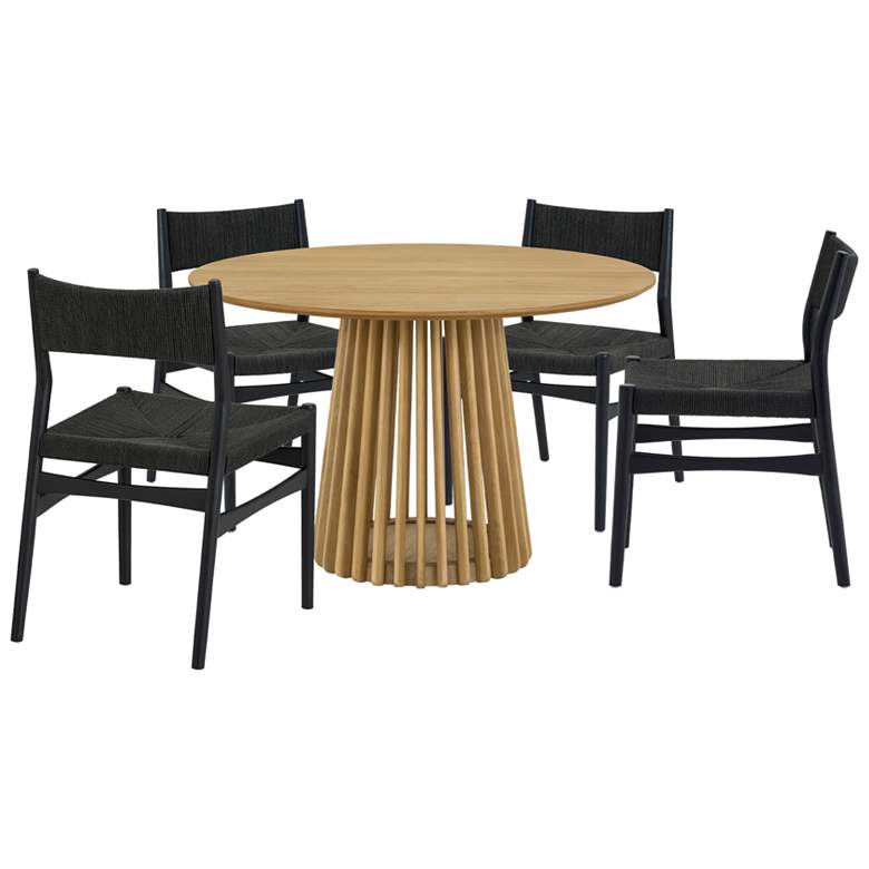 Image 1 Pasadena Erie 5 Pc Round Dining Set in Natural Oak, Black Paper Cord Chairs