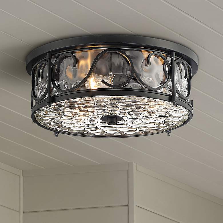 Paseo 17&quot; Wide Hammered Glass Matte Black Outdoor Ceiling Light
