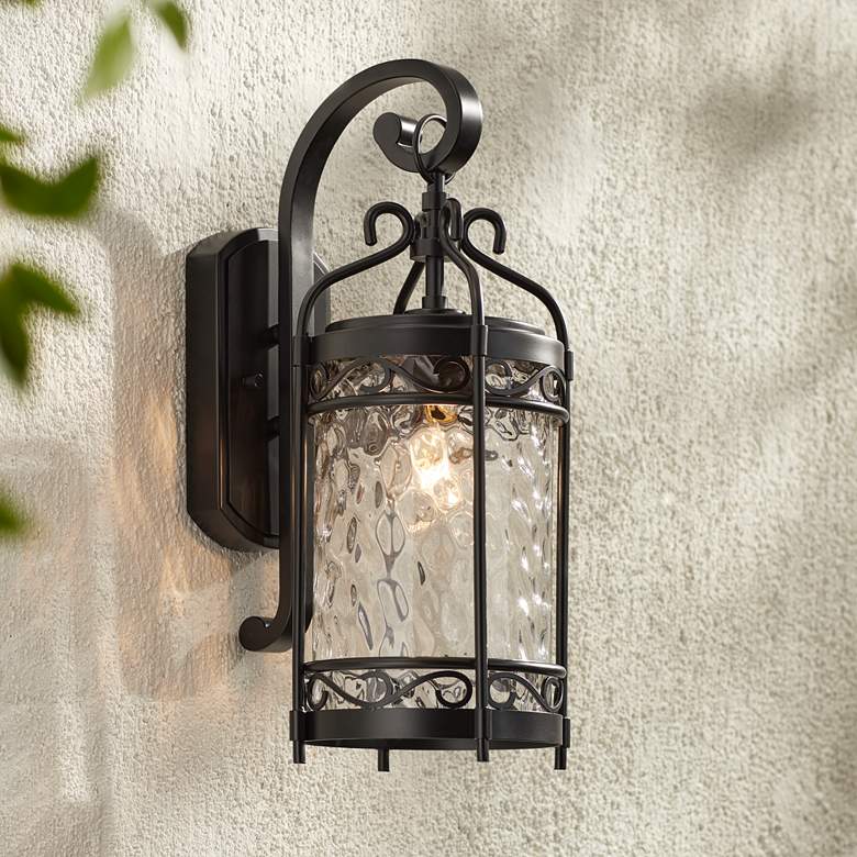Image 1 Paseo 19 inch High Hammered Glass Matte Black Outdoor Wall Light