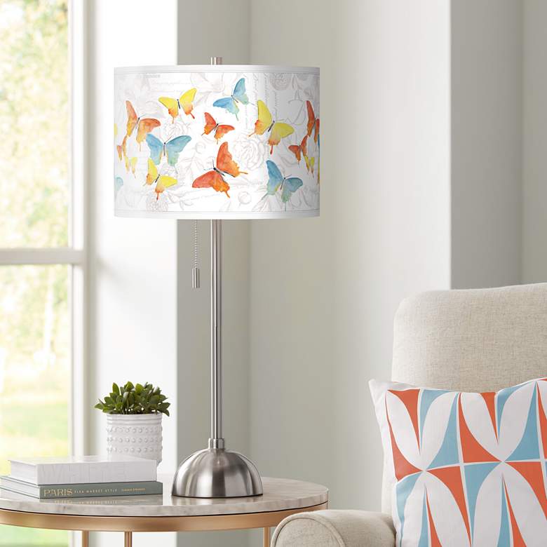 Image 1 Pastel Butterflies Giclee Brushed Nickel Table Lamp