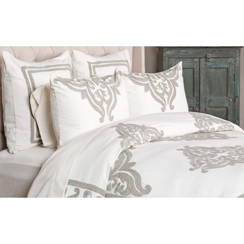 Image 1 Patrina Ivory Hand-Embroidered Cotton Queen Duvet