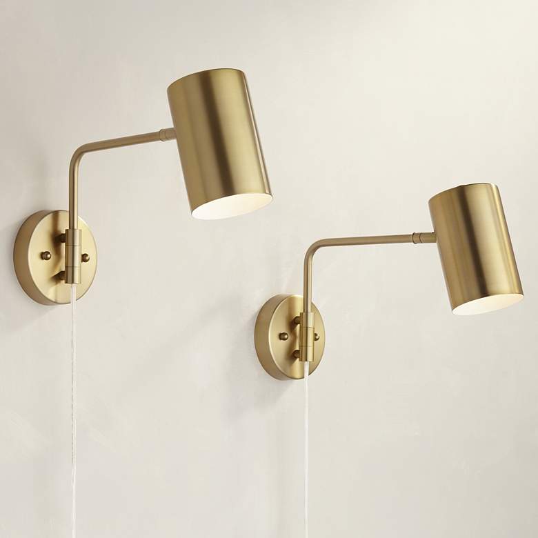 Image 1 Patt Brass Swing Arm Plug-In Wall Lamps Set of 2 w/ Socket