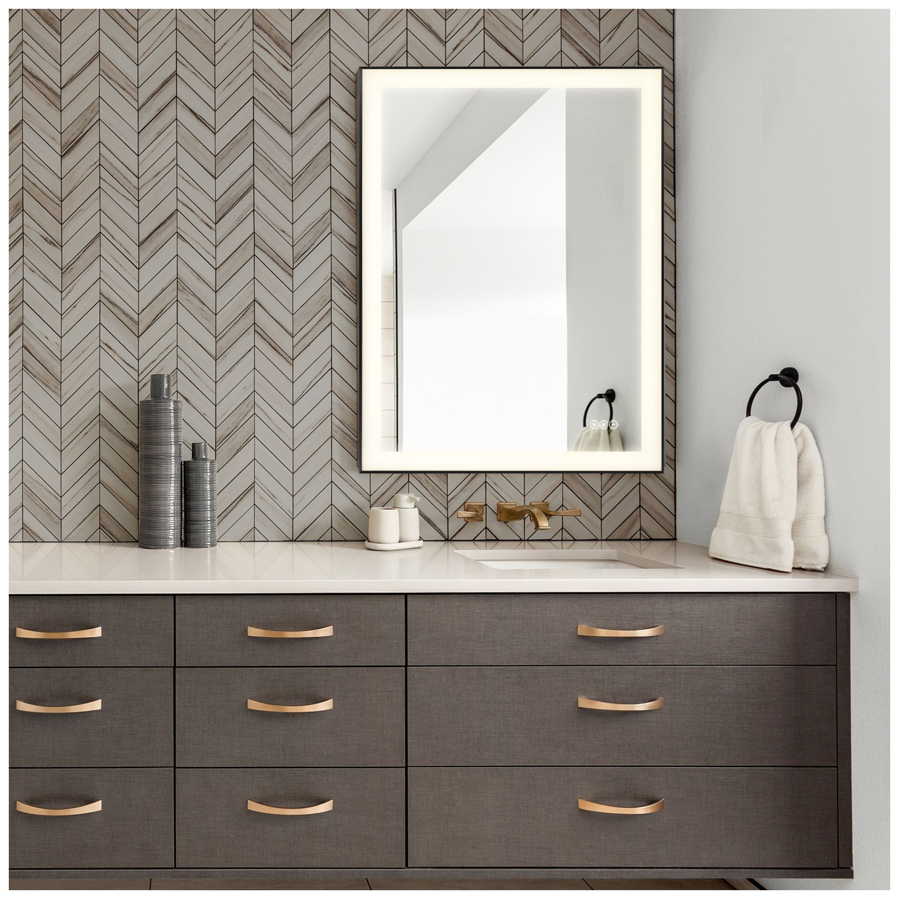 Image 4 Paulding LED Rectangle Frontlit Mirror with Black Frame more views