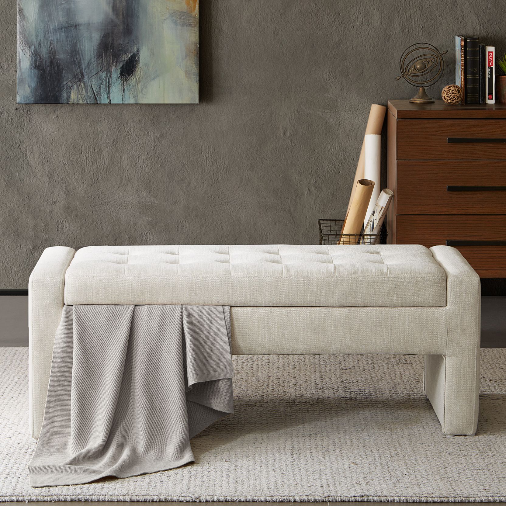 Upholstered bench with online drawers