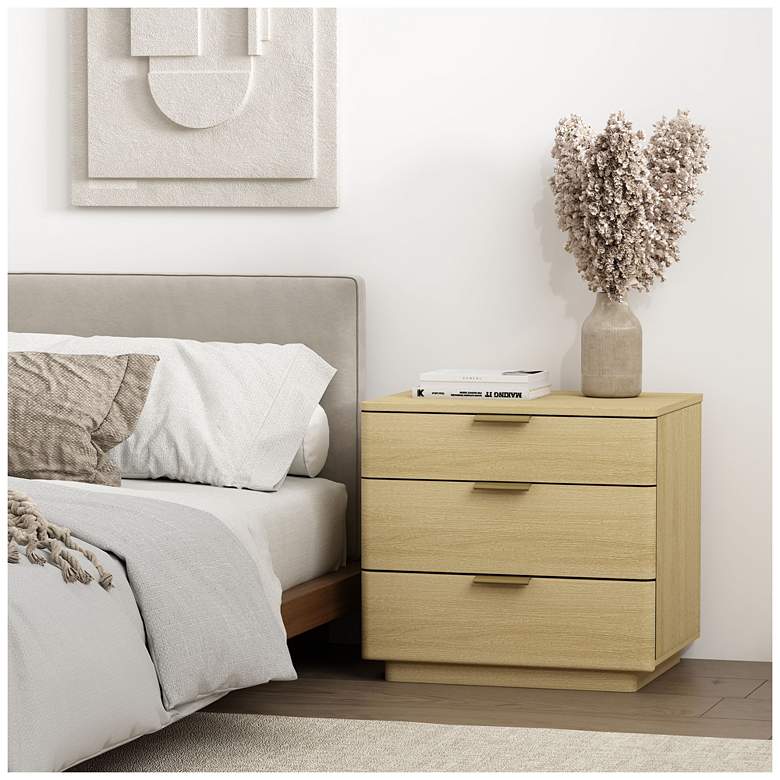 Image 1 Payton Modern Nightstand with 3 Drawers in Natural Oak and Gold