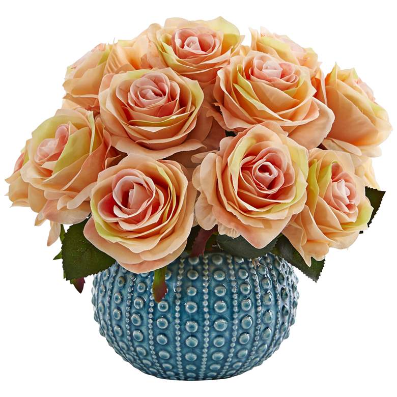 Image 1 Peach Rose 11 1/2" Wide Faux Flowers in Ceramic Vase
