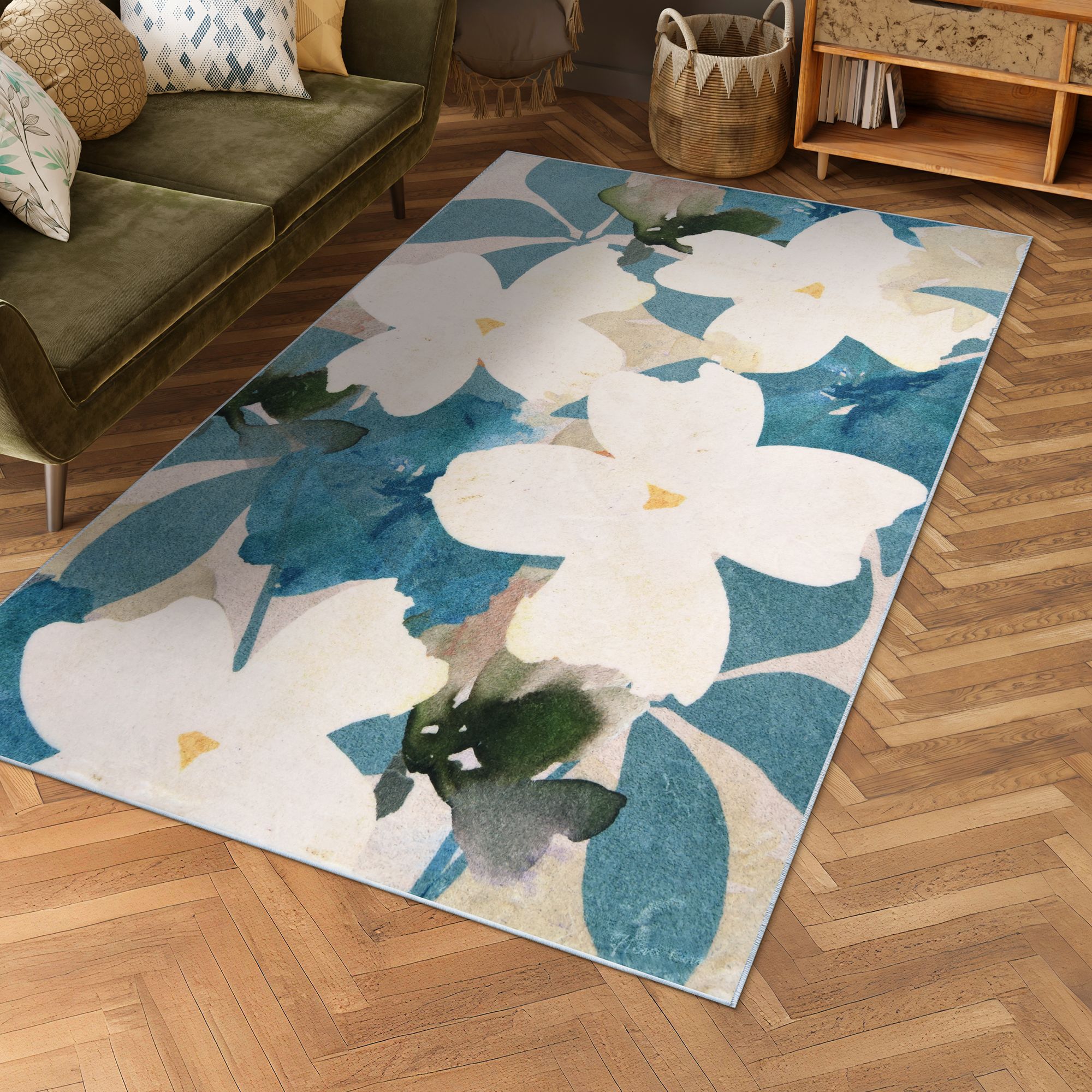 Image 2 Peach Teal Floral 5'x8'Hand Washable Flowers Power-loomed Art Area Rug more views