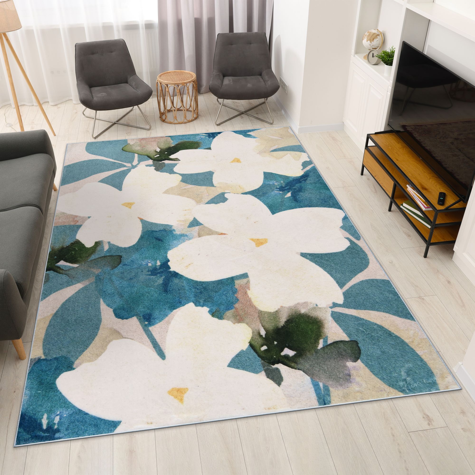 Image 2 Peach Teal Floral 8'x10'Hand Washable Flowers Power-loomed Art Area Rug more views