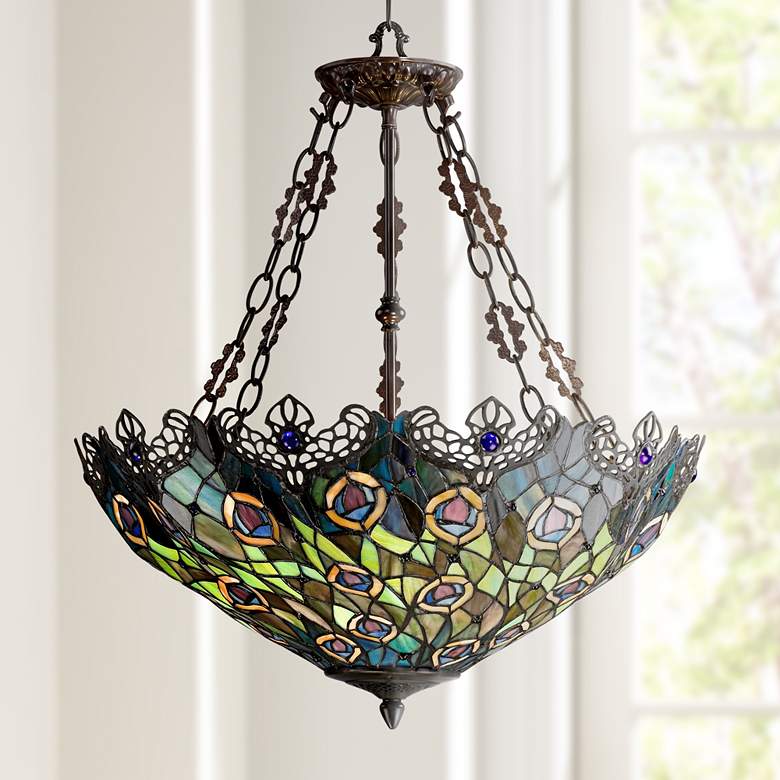 Image 1 Peacock Feather 3-Light Tiffany Art Glass Pendant