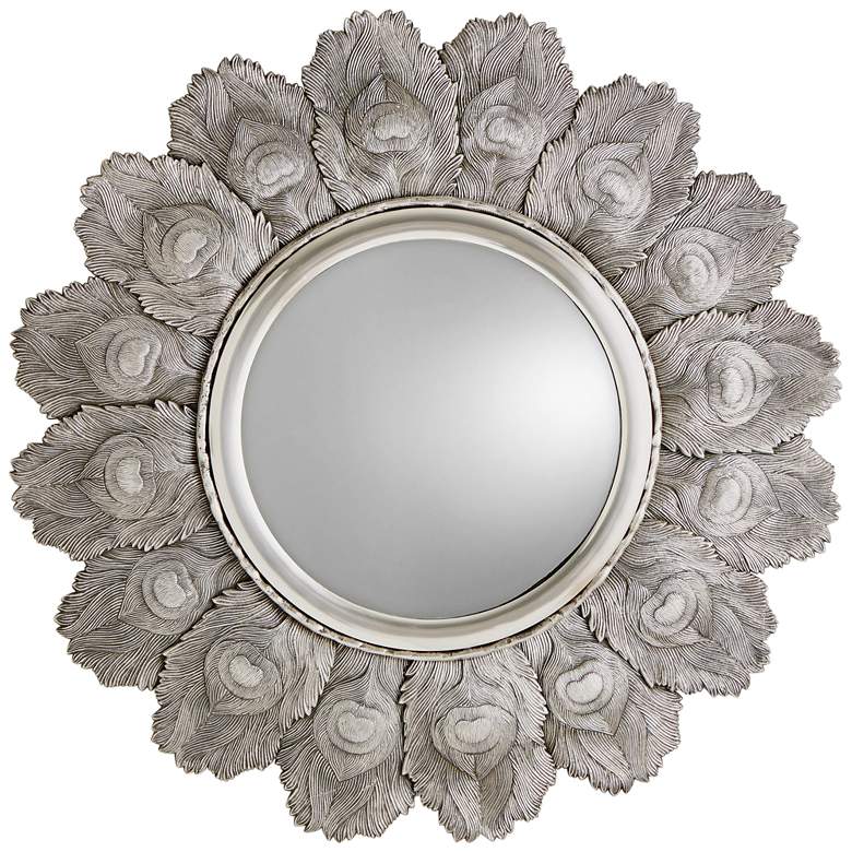 Image 1 Peacock Feather Antique Silver 35 1/2" Round Wall Mirror