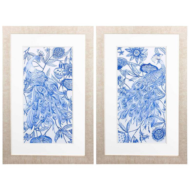 Image 1 Peacock in Indigo 22"W x 34"H Framed Art Set of 2