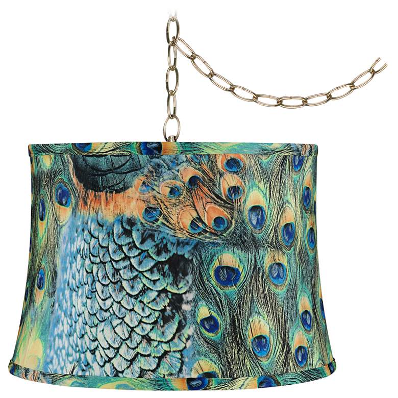 Image 1 Peacock Print 16" Wide Antique Brass Plug-In Swag Chandelier