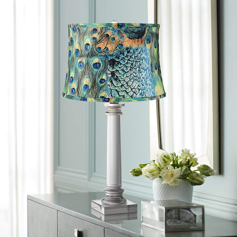 Image 1 Peacock Print Modern Crystal Column Table Lamp