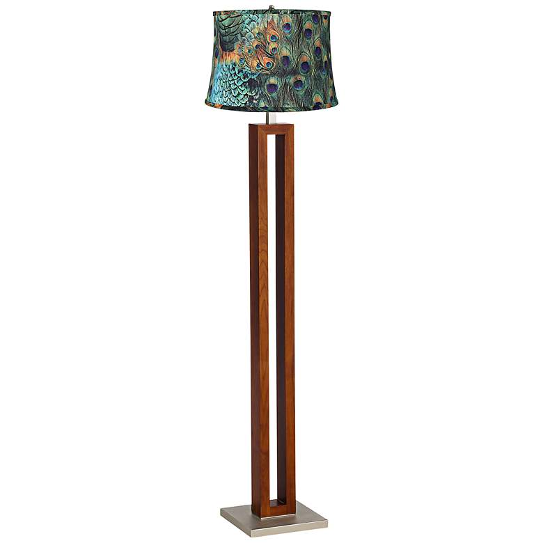 Image 1 Peacock Print Rectangle Walnut Floor Lamp