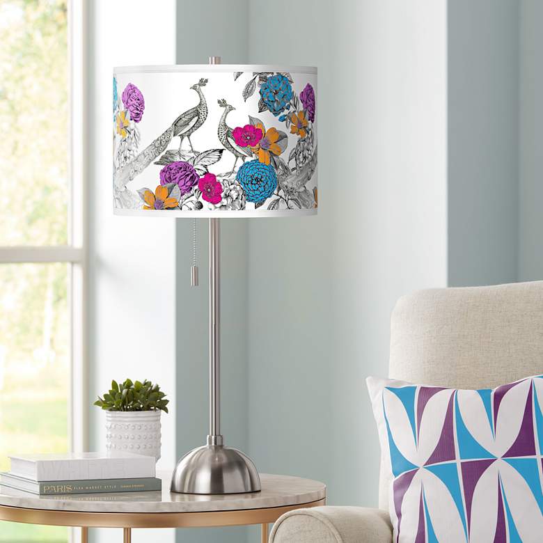 Image 1 Peacocks in the Garden Giclee Brushed Nickel Table Lamp