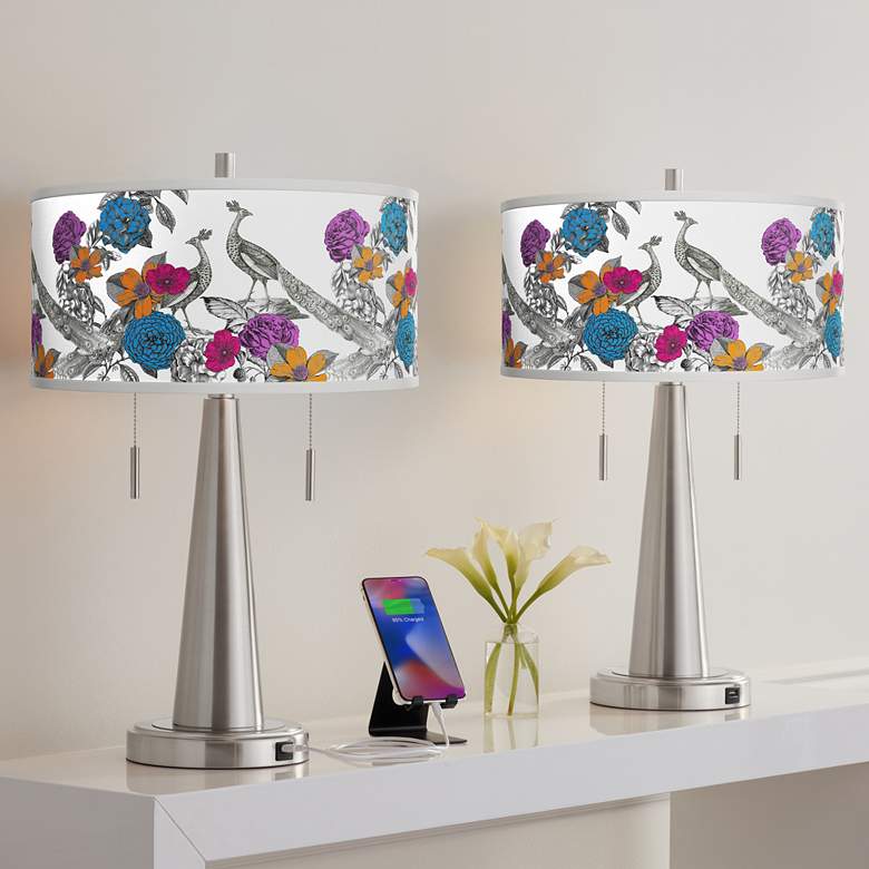 Image 1 Peacocks in the Garden I Vicki Nickel USB Table Lamps Set of 2