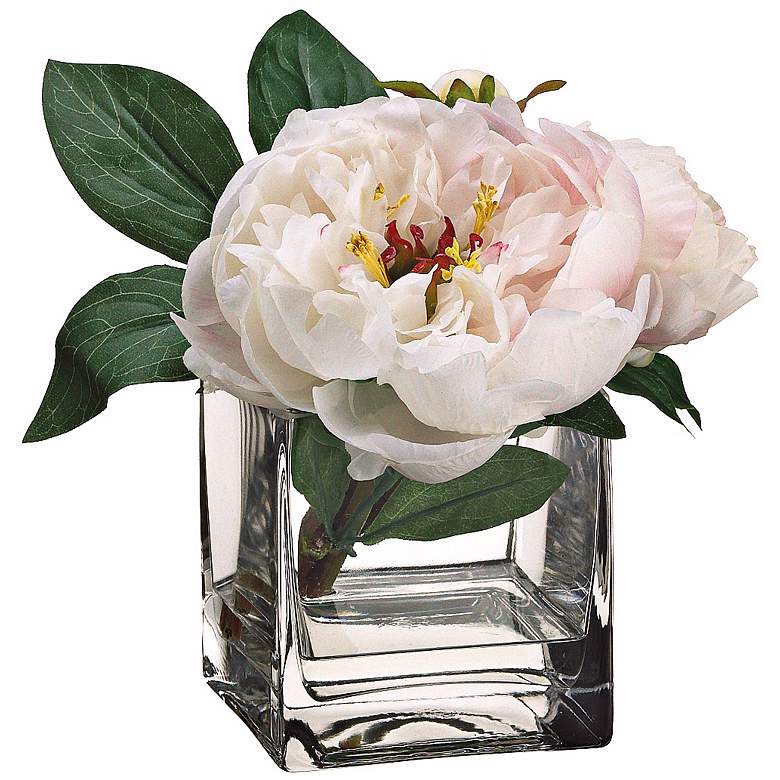 Pearl and Cerise Grand Peony Silk Flowers in Glass Vase