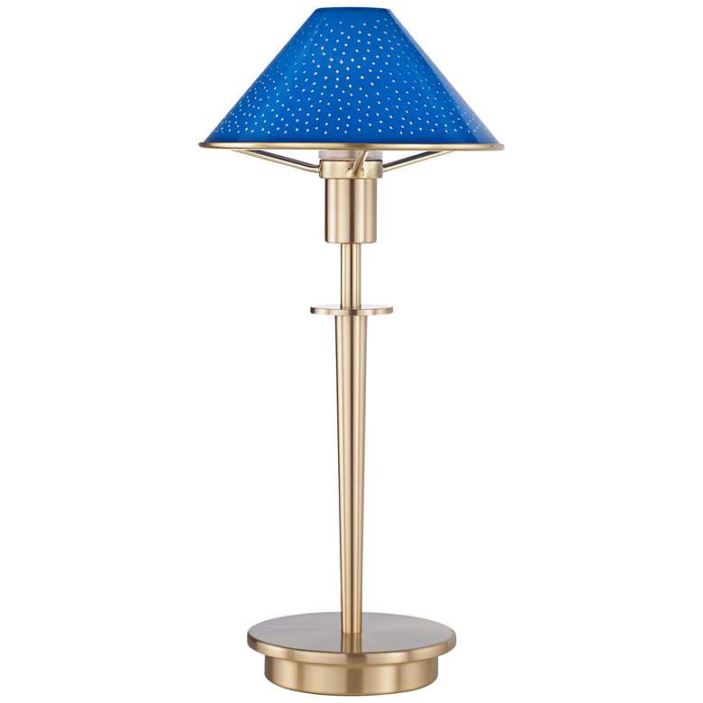 Image 1 Pearl Blue Glass Brushed Brass Mini Holtkoetter Desk Lamp