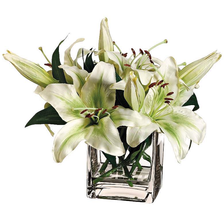 Image 1 Pearl White Stargazer Lily Silk Flowers in Glass Vase