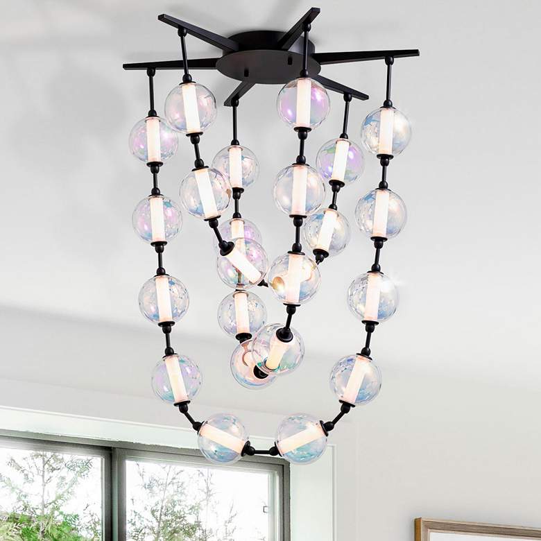 Image 1 Pearla 28" LED Pendant in Matte Black with Iridescent Glass Shade