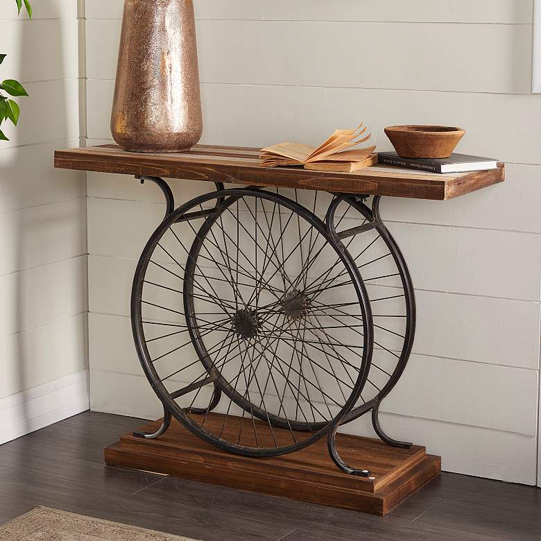 Image 1 Pedals 39" Wide Brown Wood Black Dual Wheel Console Table