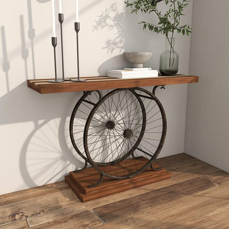 Image 7 Pedals 39 inch Wide Brown Wood Black Dual Wheel Console Table more views