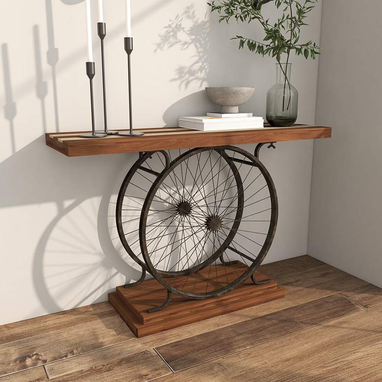 Image 7 Pedals 39" Wide Brown Wood Black Dual Wheel Console Table more views