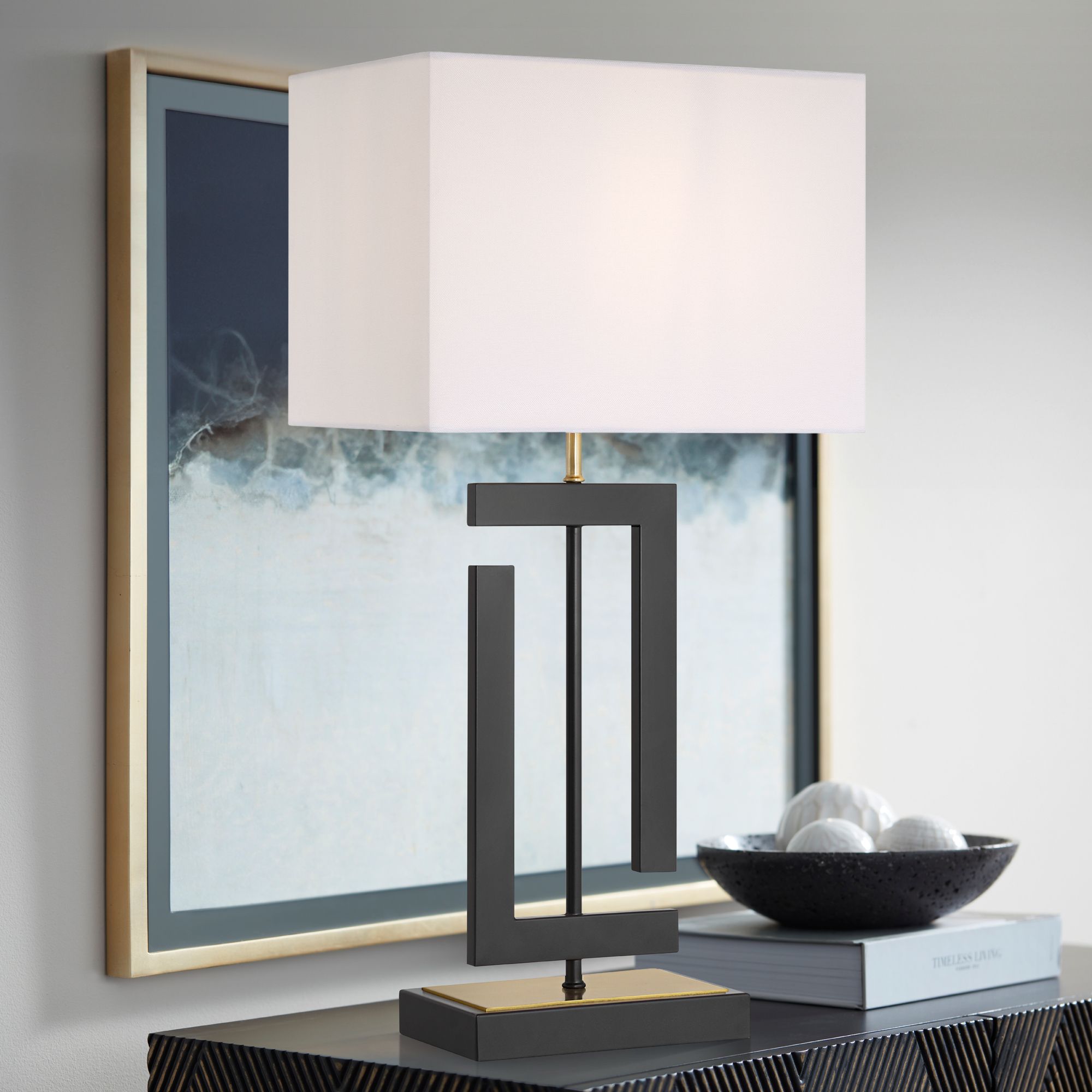 Pellana 26 1/4" High Matte Black and Brass USB Table Lamp Set of 2 in scene