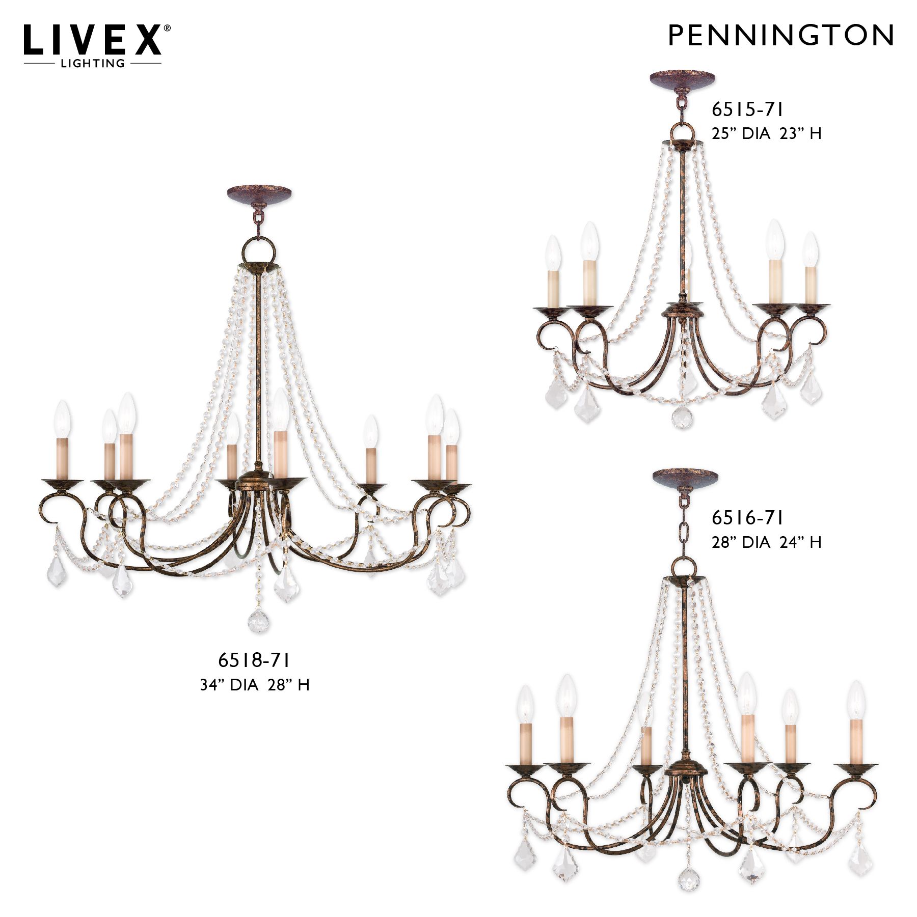 Pennington 28-in 6-Light Venetian Golden Bronze Vintage Candle Chandelier