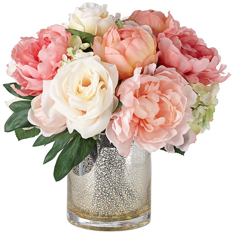 Image 1 Peonies, Roses and Hydrangeas in a Large Mercury Glass Vase