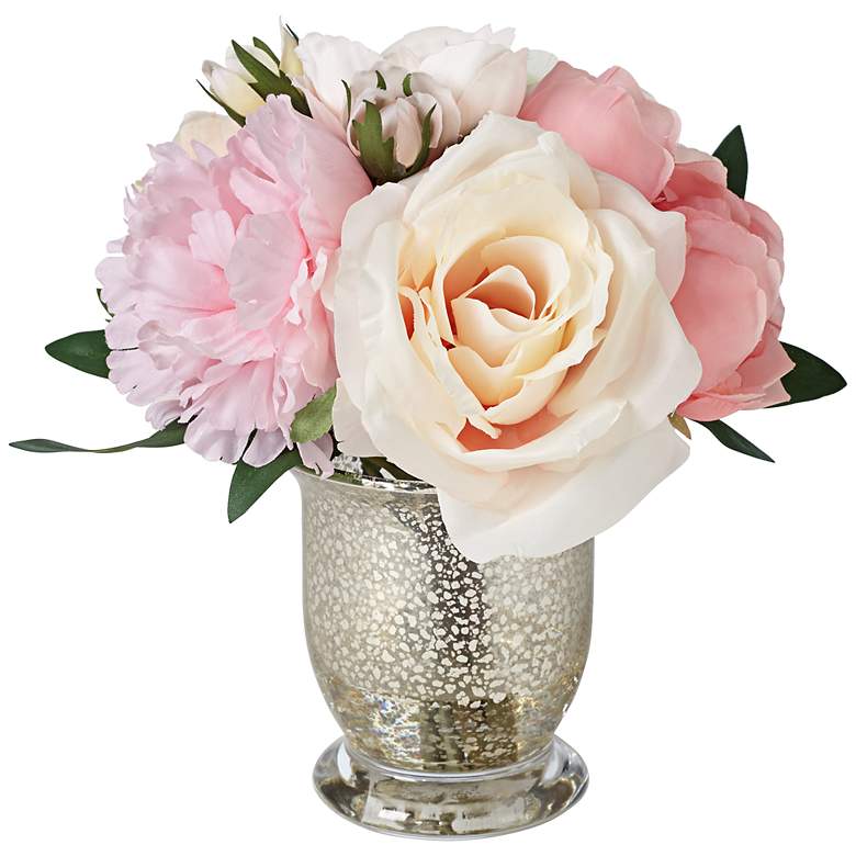 Peonies, Roses and Hydrangeas in a Small Mercury Glass Vase