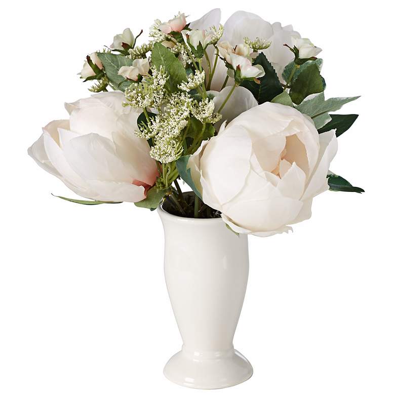 Image 1 Peony and Rose 9 1/2 inch High Flowers in White Ceramic Pot
