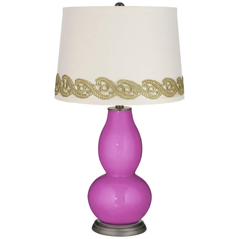 Image 1 Peony Purple Double Gourd Table Lamp with Vine Lace Trim