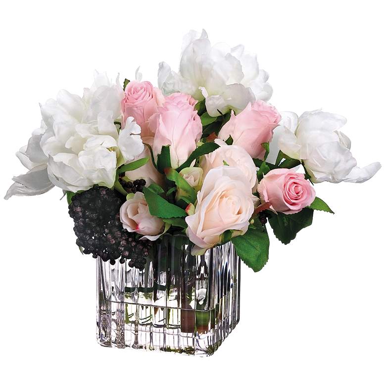 Image 1 Peony, Rose and Sedum 11" Wide Faux Flowers in Glass Vase