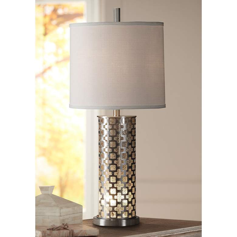 Image 1 Peoria Silver Brushed Steel Table Lamp with Night Light