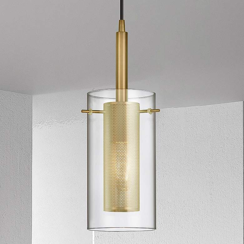 Image 1 Percy 5 1/2" Wide Aged Brass Cylinder Mini Pendant