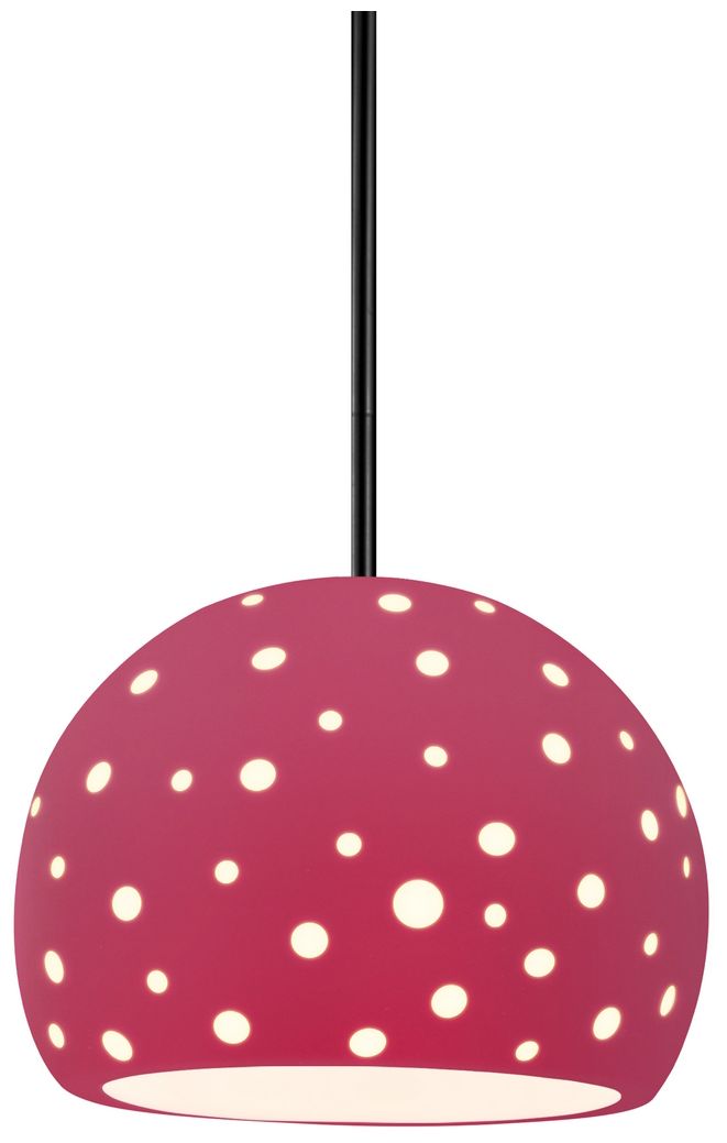 Perforated Globe 7"W Cerise, Matte Black Pendant - White Cord