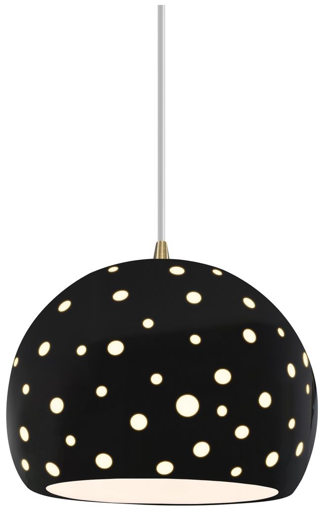 Perforated Globe 7"W Gloss Black, Polished Chrome LED Pendant - Rigid Stem