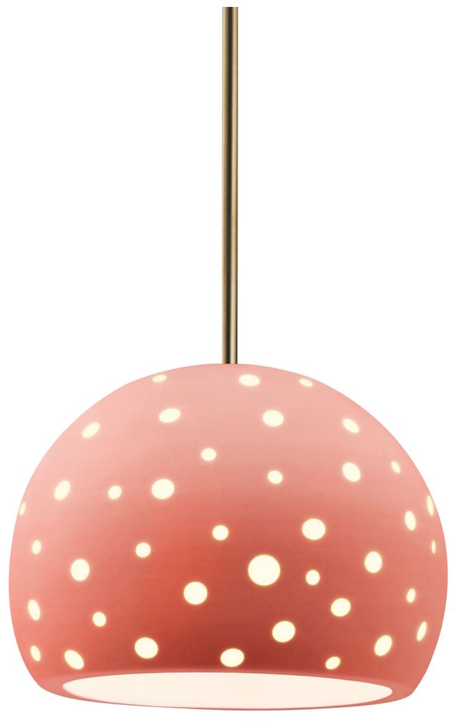 Perforated Globe 7"W Gloss Blush, Antique Brass LED Pendant - White Cord