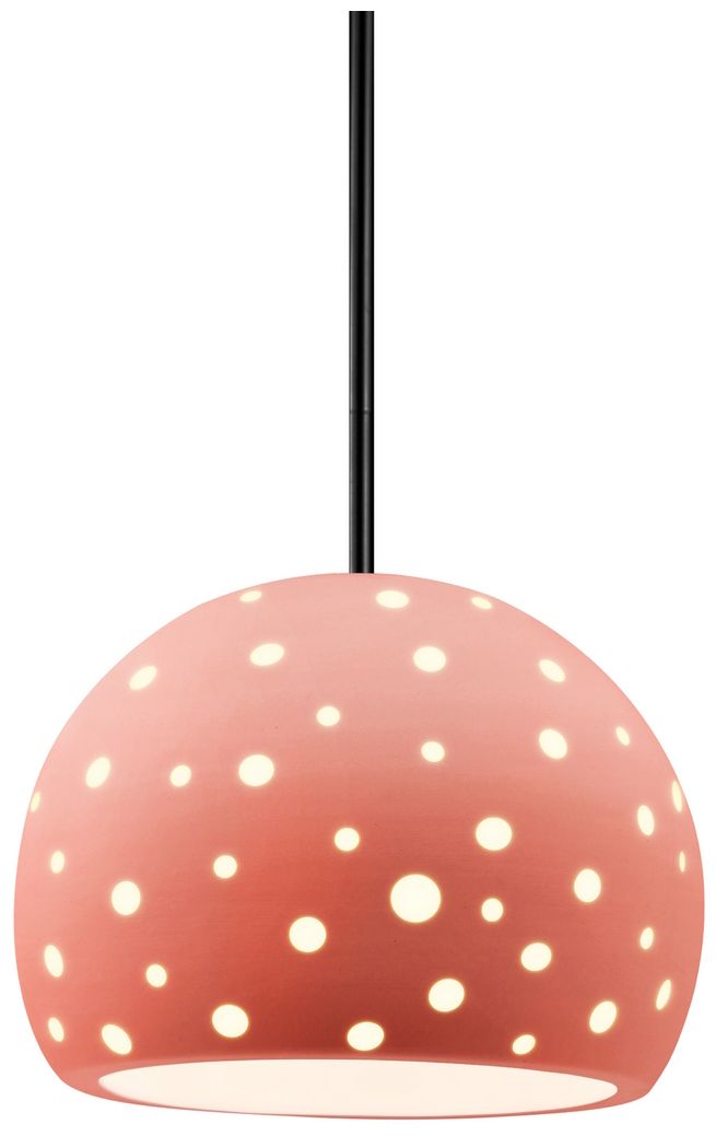 Perforated Globe 7"W Gloss Blush, Matte Black Pendant - White Cord