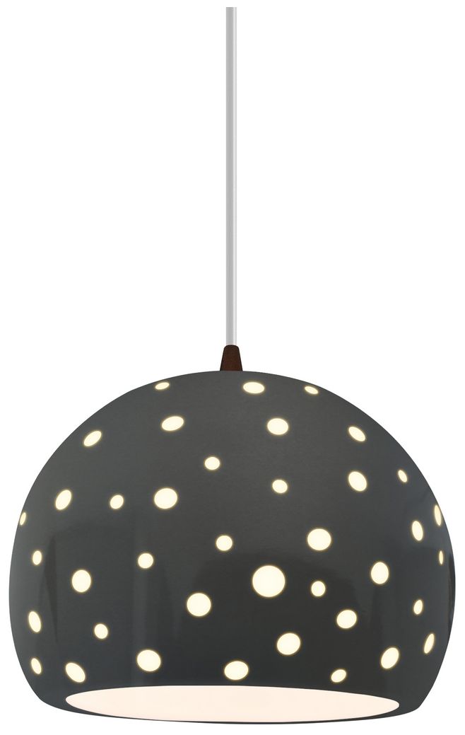 Perforated Globe 7"W Gloss Grey, Matte Black Pendant - Beige Twist Cord