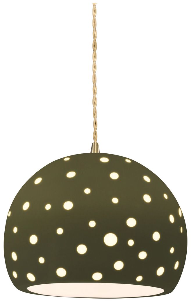 Perforated Globe 7"W Matte Green, Antique Brass Pendant - Rigid Stem