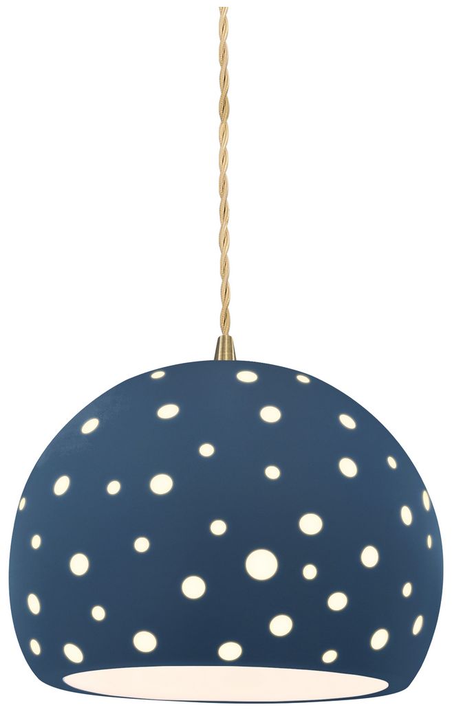 Perforated Globe 7"W Midnight Sky, Antique Brass Pendant - Rigid Stem